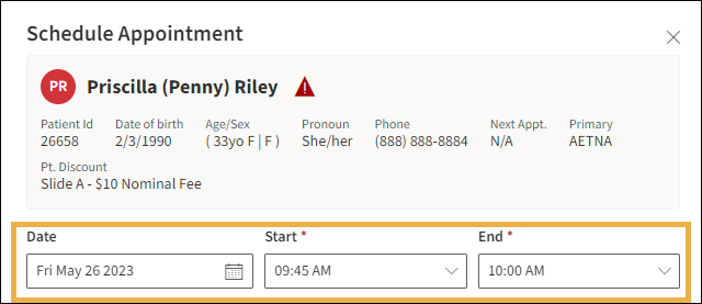 Schedule appointment with yellow highlight boxes around the date and start and end times.